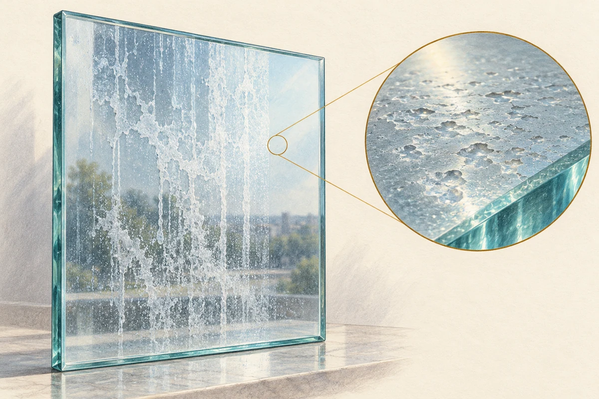 Technical illustration comparing a mineral-etch footprint on architectural glass
