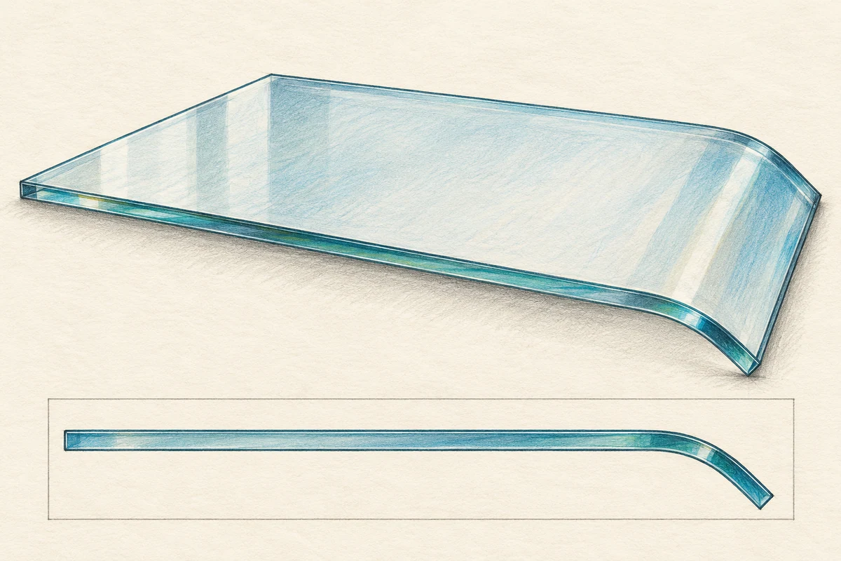 Approved colored-pencil technical illustration of edge kink and localized warp in architectural glass