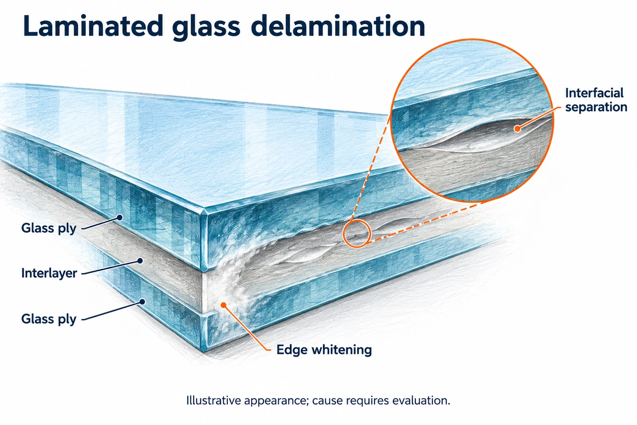 Laminated glass delamination — illustrated detail