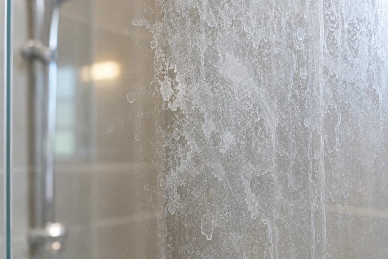 Soap-scum film on shower glass