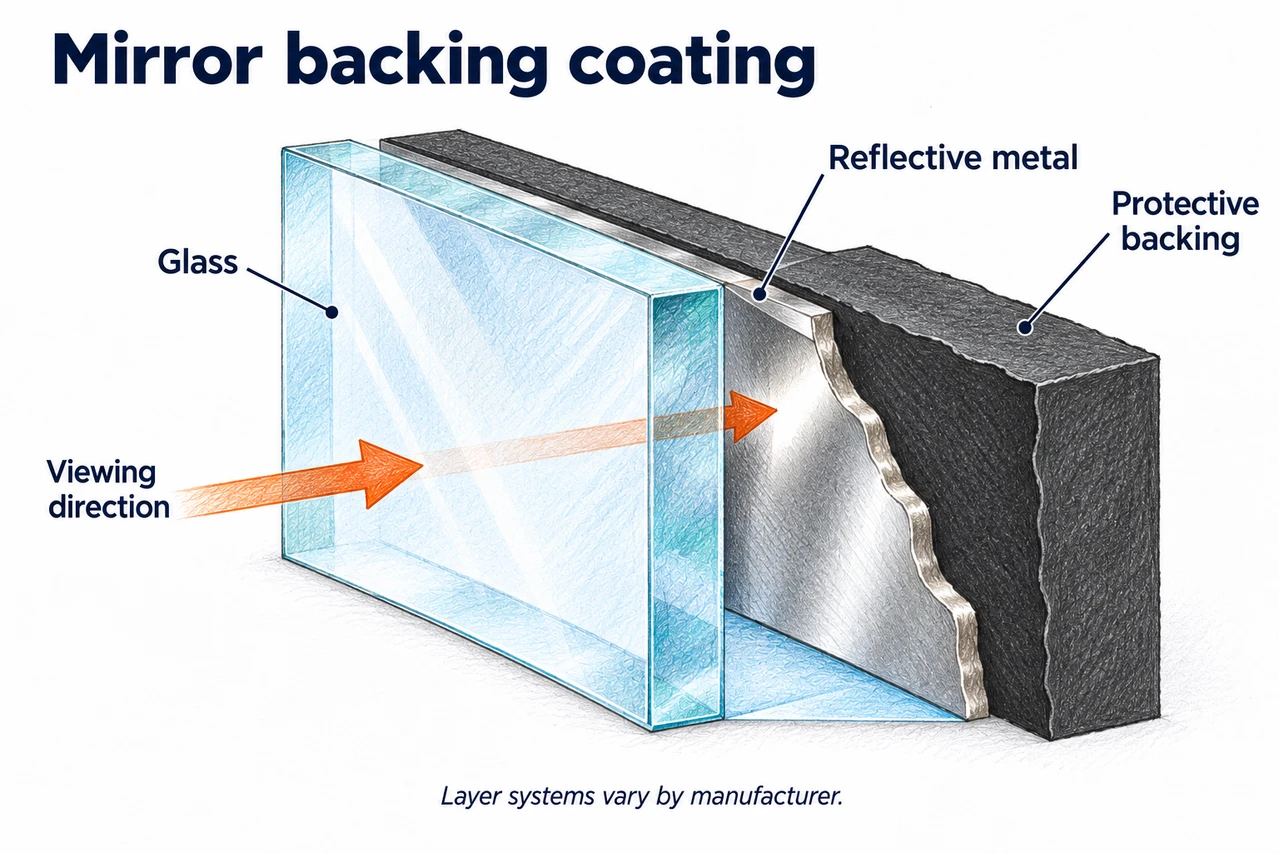 Rear-surface mirror construction. Coating thicknesses and layer spacing are exaggerated for clarity.