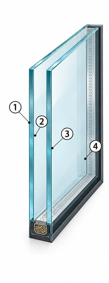 Numbered surfaces of a double-pane assembly