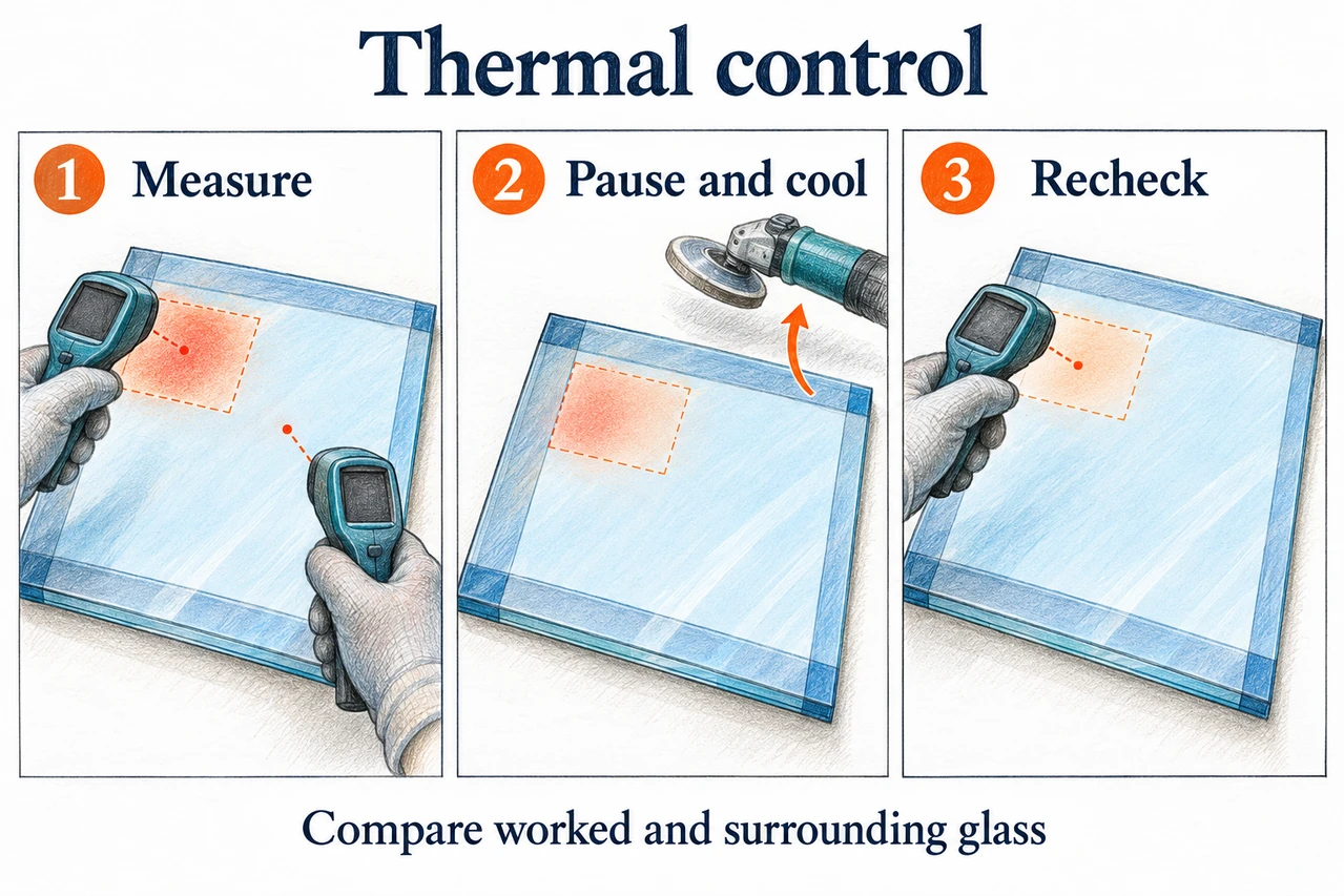 Measure, pause and cool, then recheck the glass