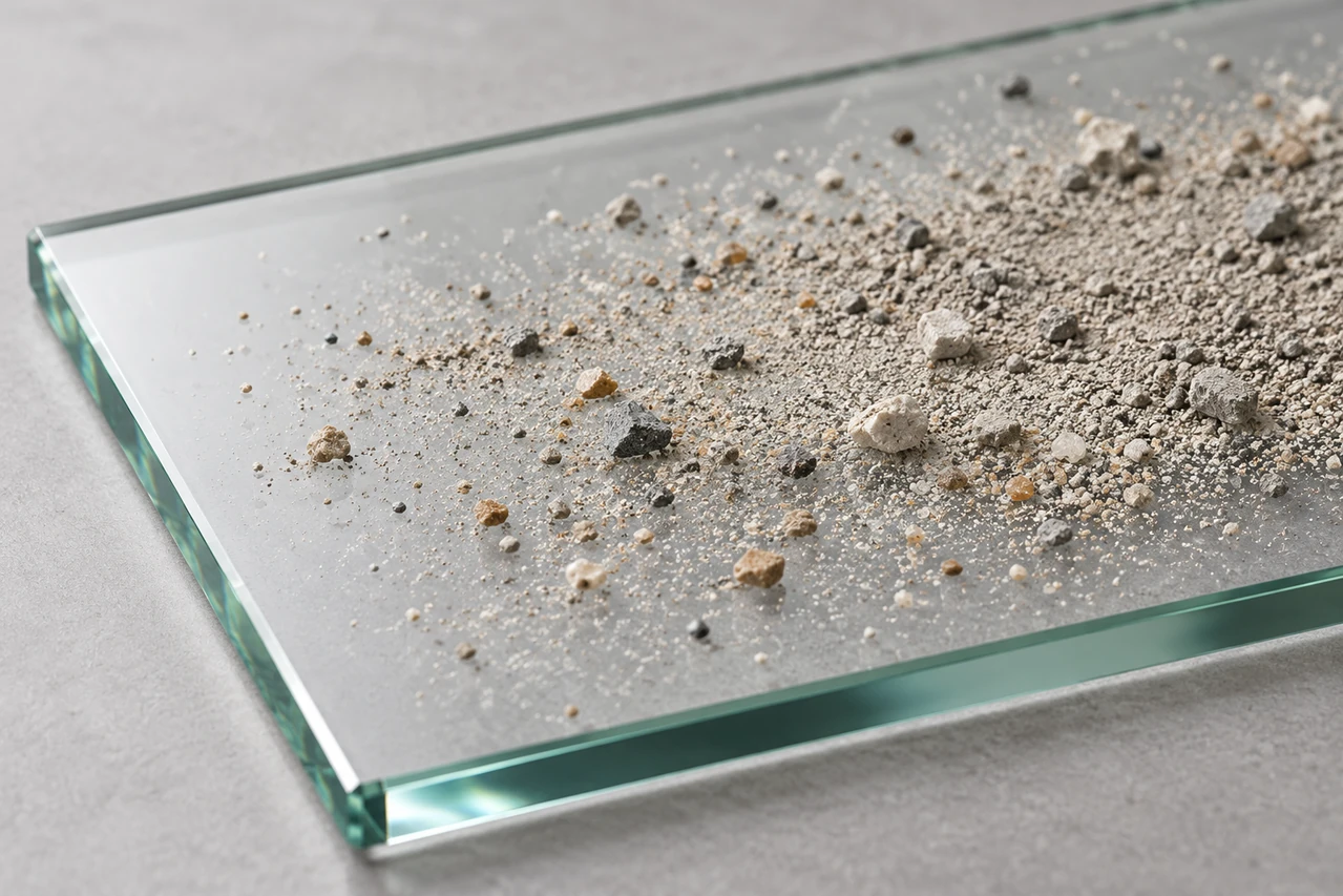 Loose construction dust and grit on glass