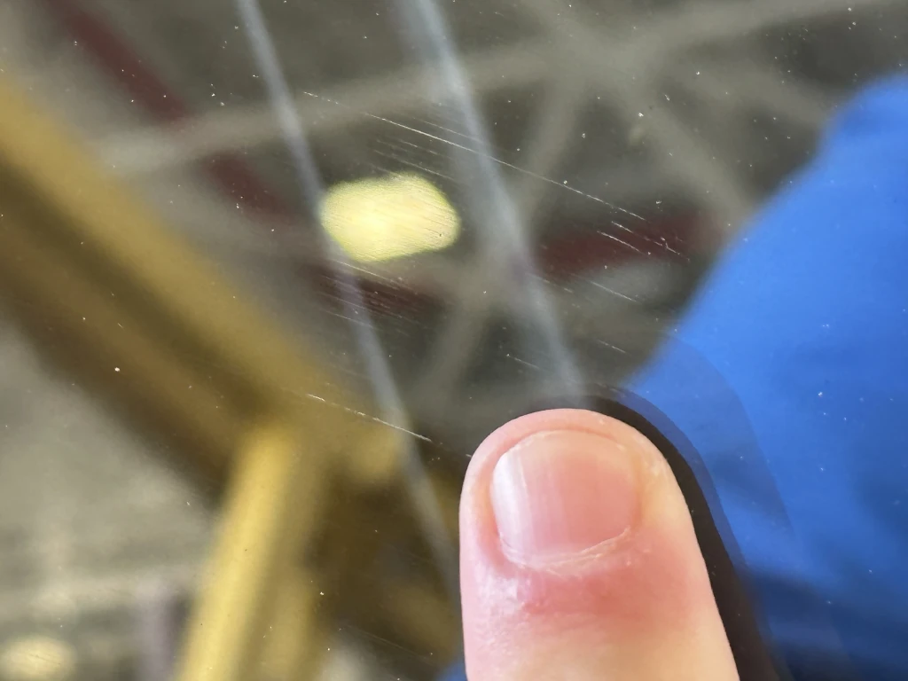 close-up of a glass surface defect