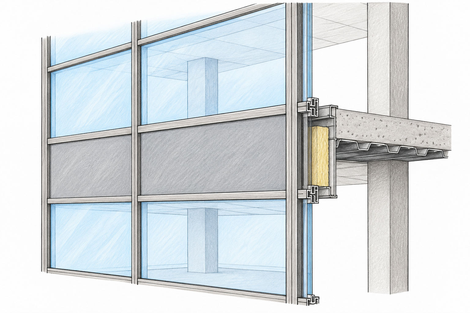 Opaque spandrel band conceals the floor/insulation zone; transparent vision glazing is above and below.