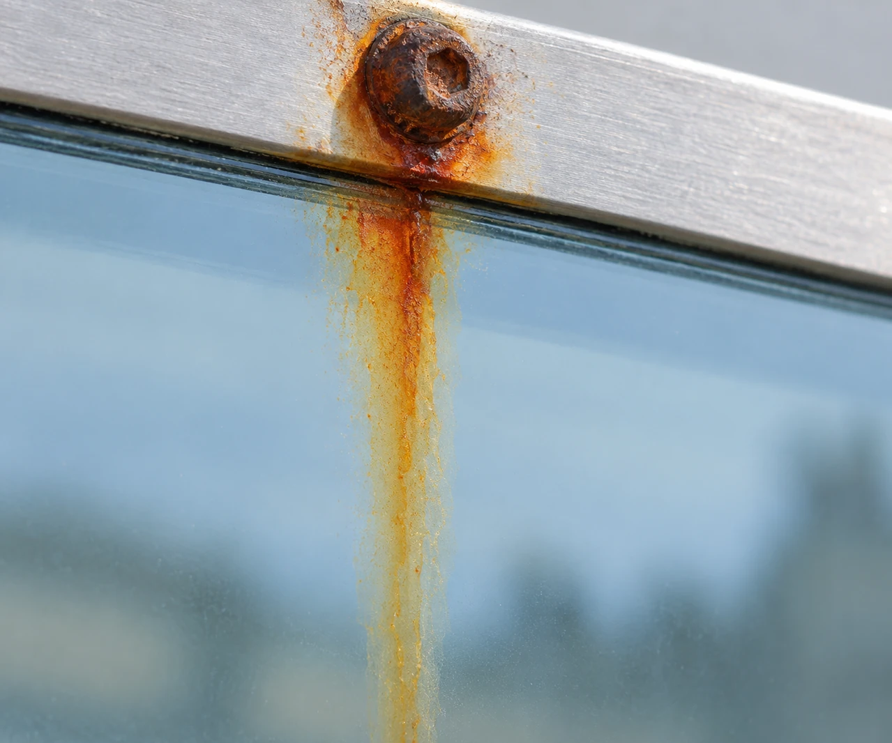 Rust staining below a steel fastener