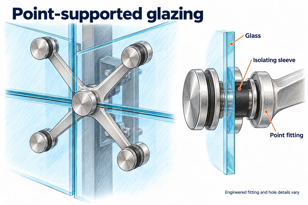 Point-supported glazing — illustrated detail