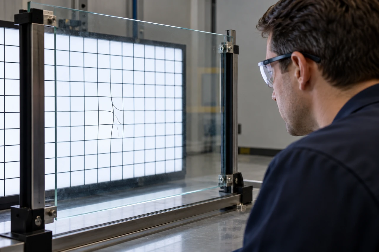 Defect viewed through glass against a transmitted grid