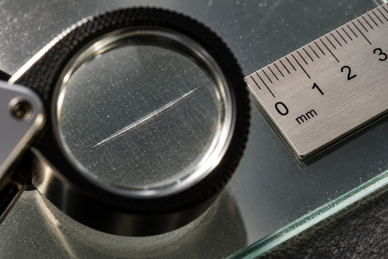 Scratch examined through a loupe
