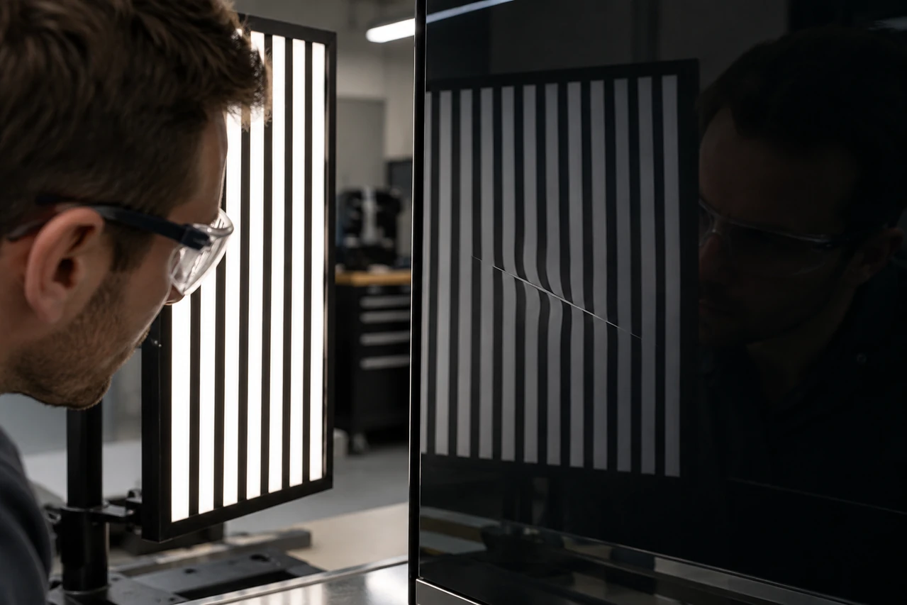 Surface defect revealed in a reflected stripe target