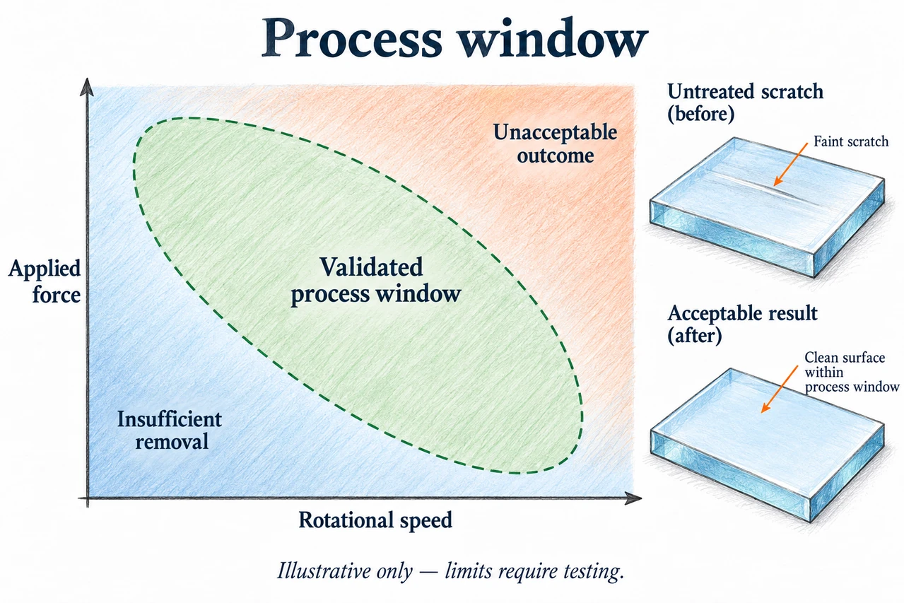 Qualitative process window with glass-coupon outcomes