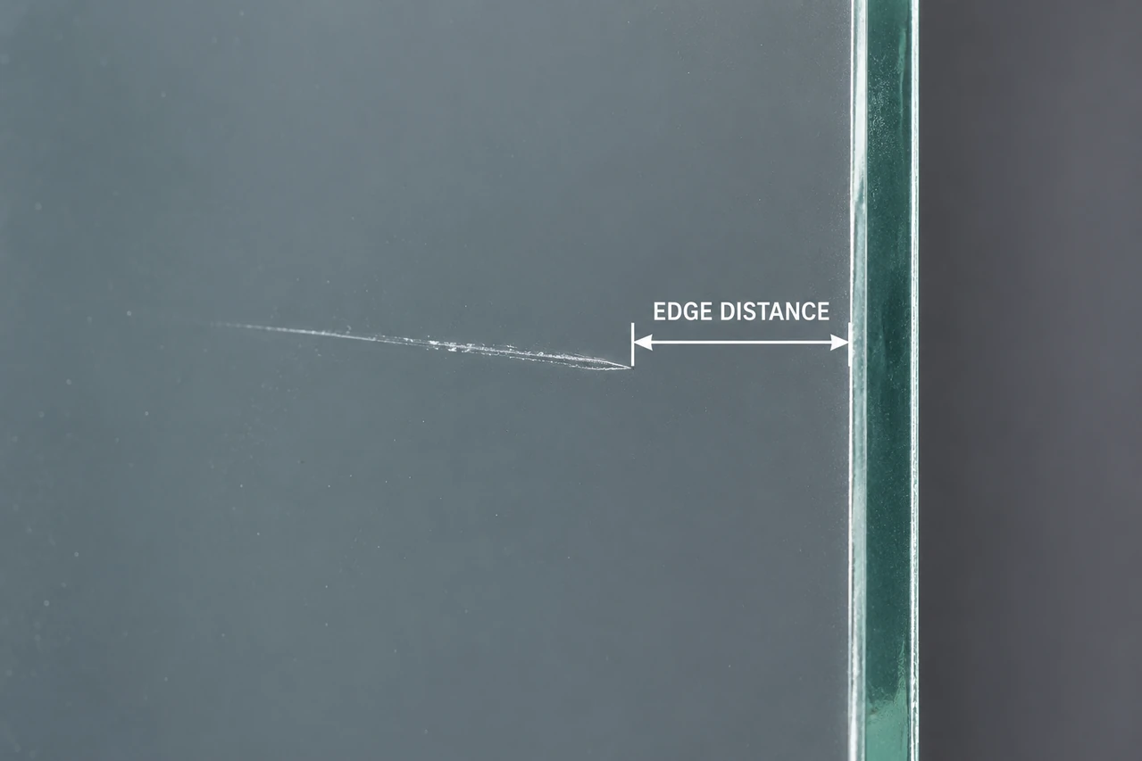 Scratch-to-edge distance shown on an architectural glass lite