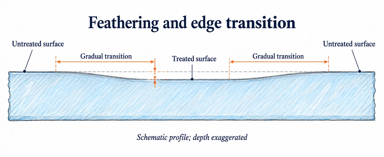 Broad shallow feathered transition into untreated glass