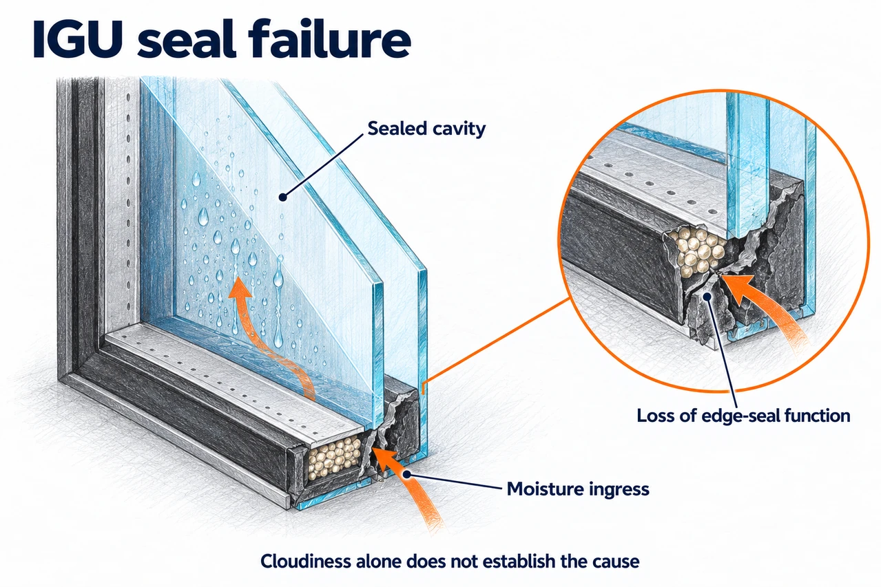 Schematic moisture-entry concept; the illustrated break is exaggerated. Actual seal failure need not involve a visibly broken spacer.