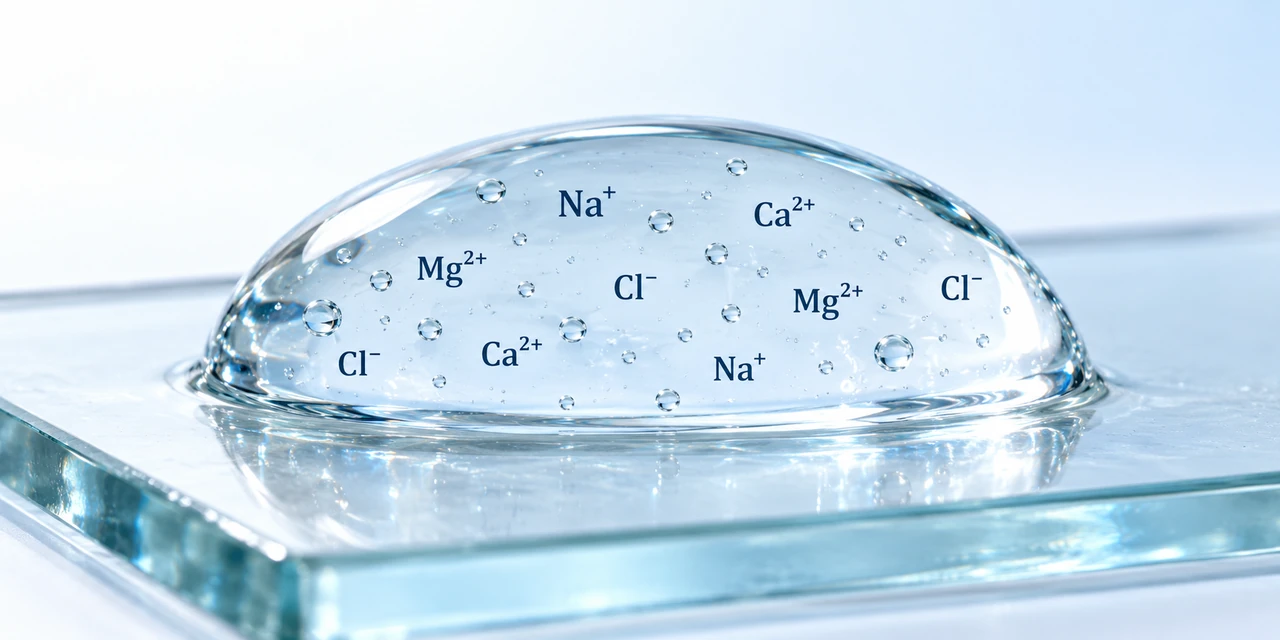 Dissolved, chemically labeled ions in water on glass