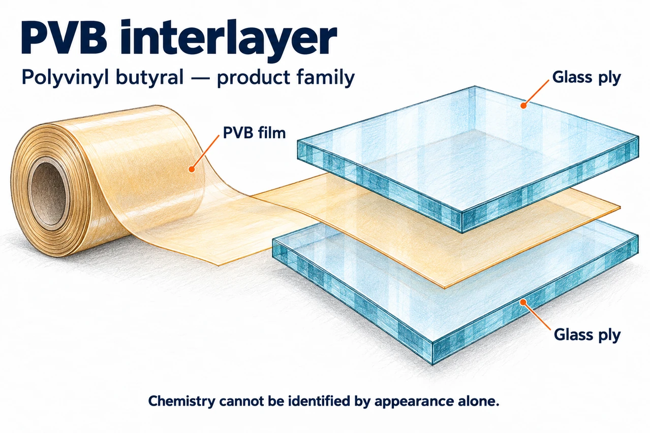 Illustrated PVB laminate construction; color and layer spacing are schematic, not a polymer-identification test.