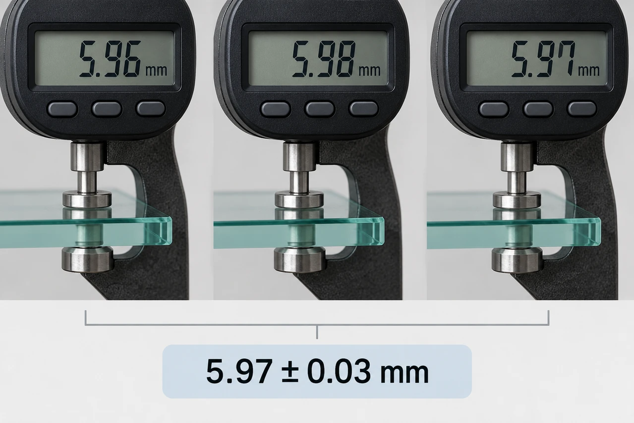 Three repeated glass-thickness readings