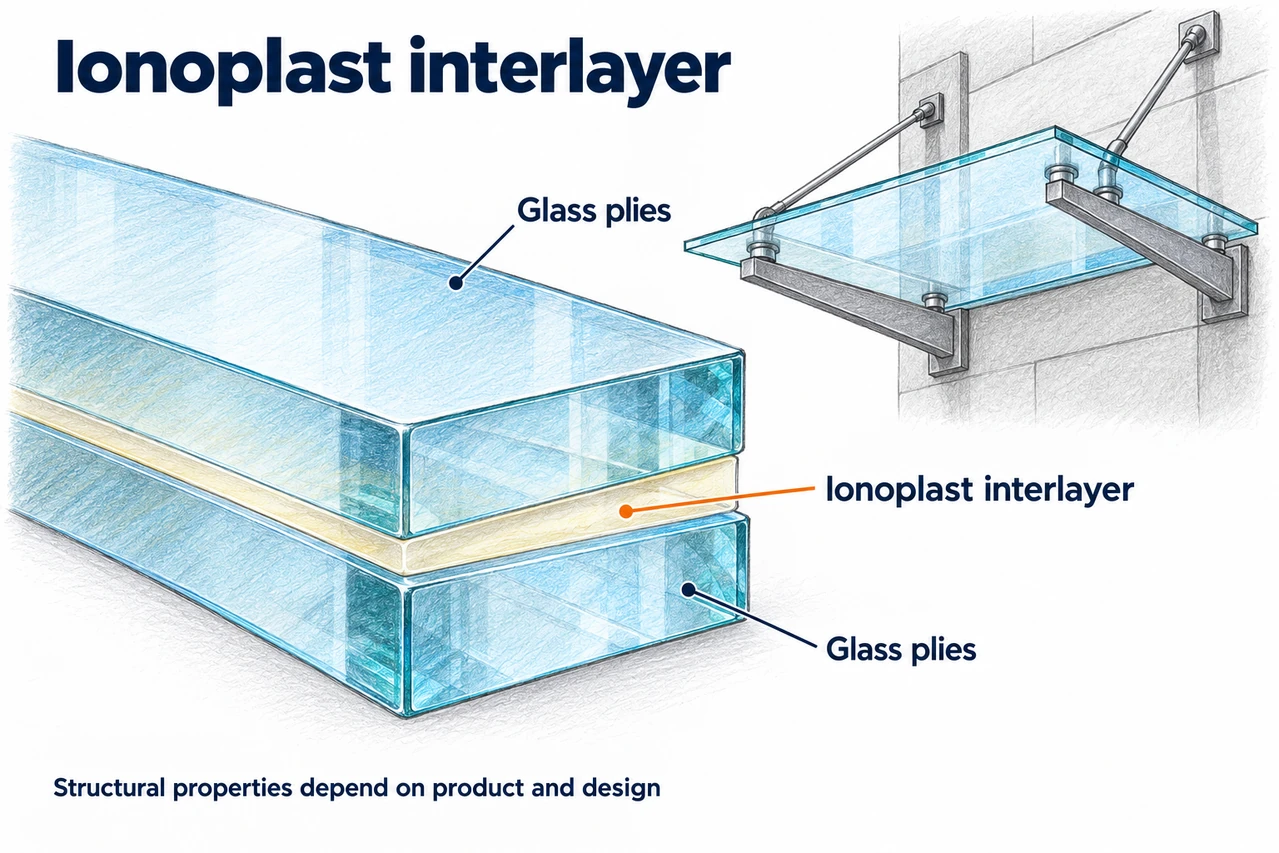 Illustrated ionoplast laminate construction; layer thickness, color and spacing are exaggerated for clarity.