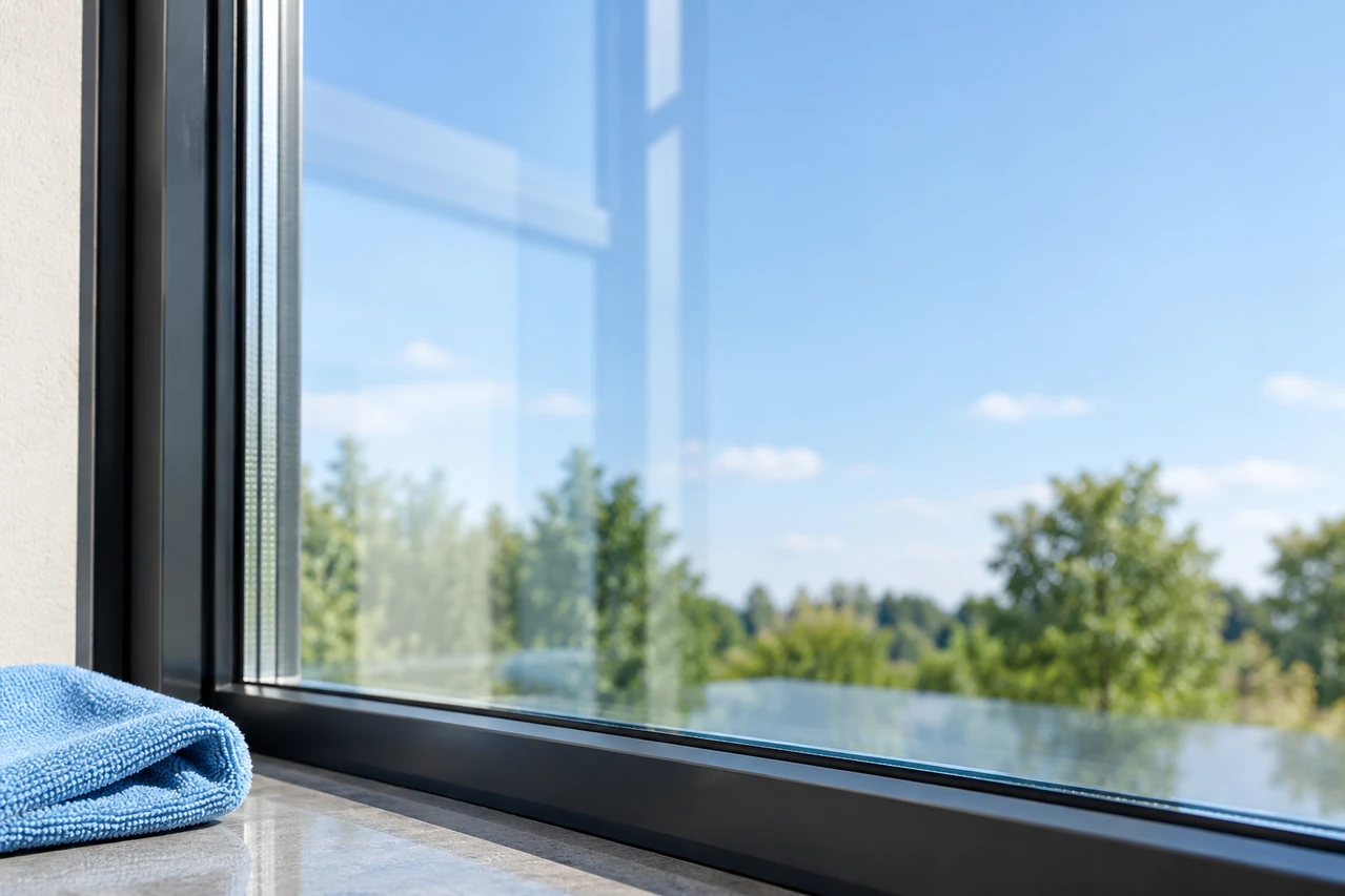 Clean, dry architectural glass after routine cleaning