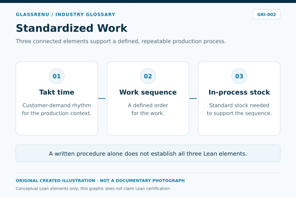 Three elements of Lean standardized work shown conceptually, without site-specific timing or inventory values.