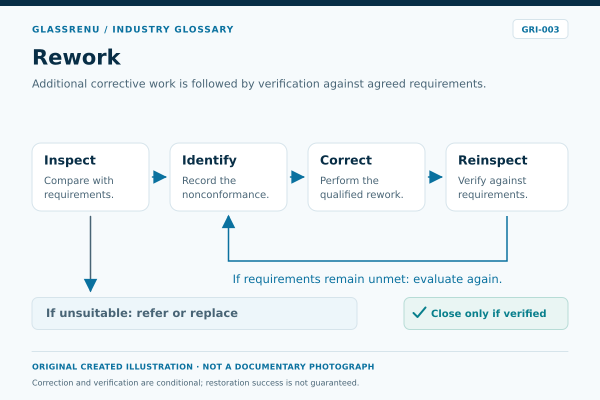 Conceptual nonconformance, correction and reinspection workflow, including an alternate referral or replacement path.