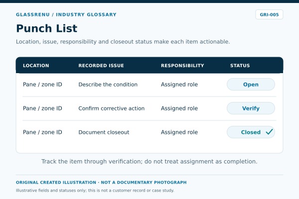 Illustrative glass punch-list record showing location, issue, responsibility and status; not a real project document.