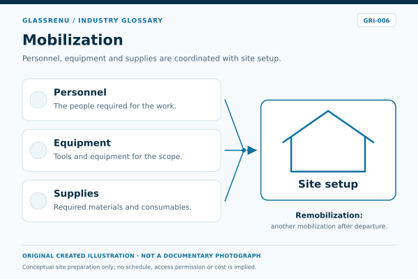Conceptual movement of people, equipment and supplies to a site; optional return visit illustrates remobilization.
