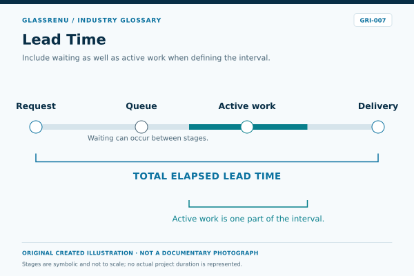 Unscaled lead-time sequence from request to completion, including waiting and active work; no duration is asserted.